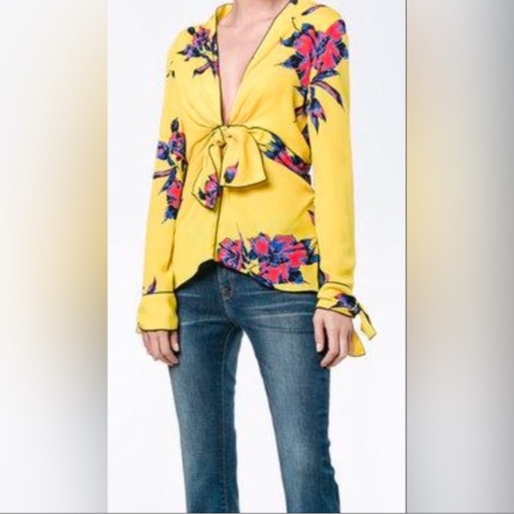 Proenza Schouler Yellow Silk Floral Tie Front Blouse Resort Top, Size 6